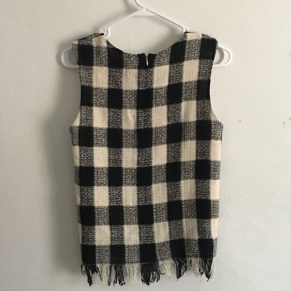 Zara Boxy Ivory/Black Checkered Top w Fringe - Picture 6 of 8